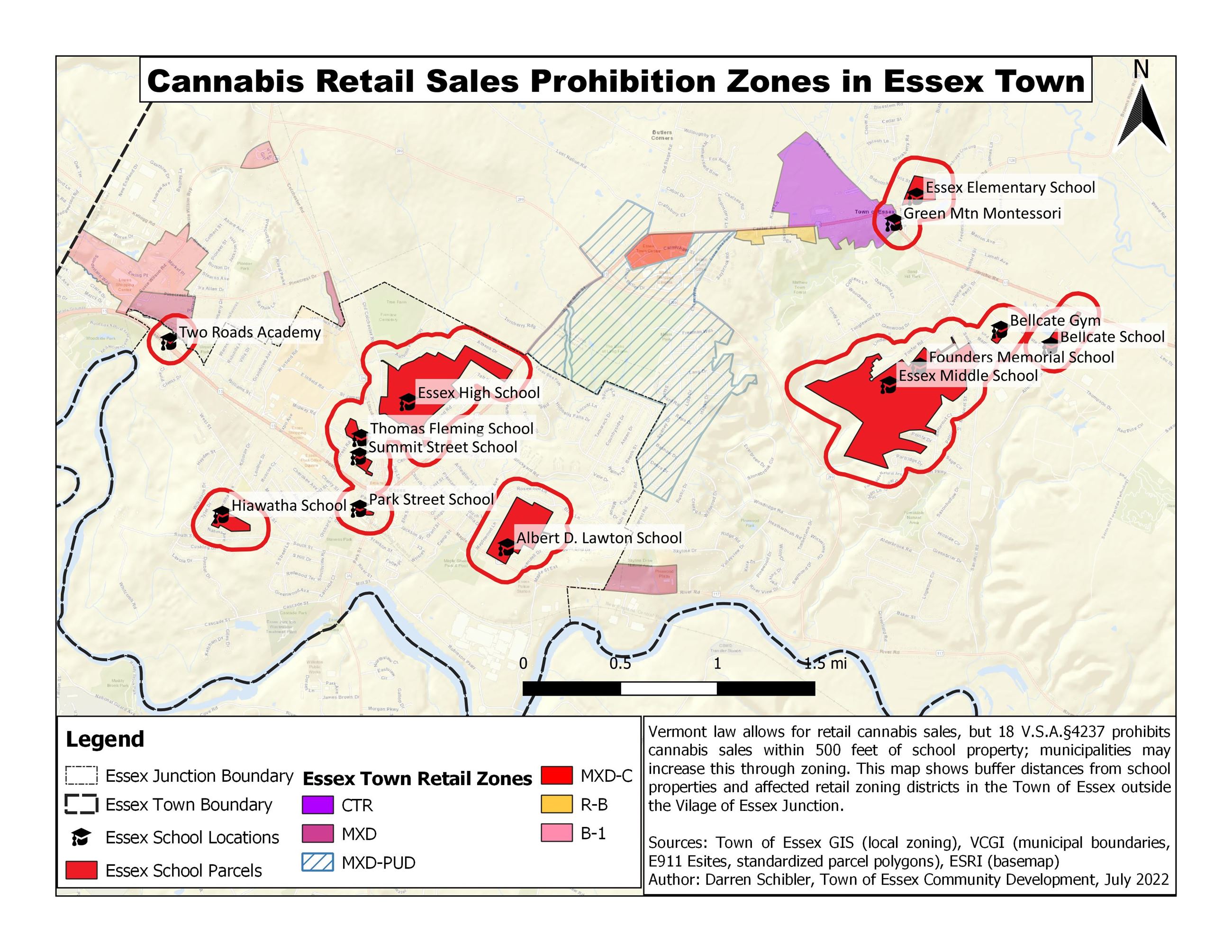 Essex Town Cannabis Buffers from Schools Map